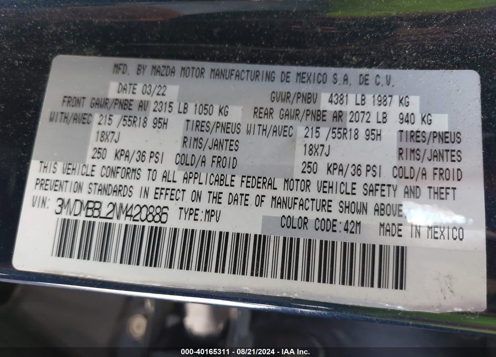 2022 MAZDA CX-30 SELECT VIN: 3MVDMBBL2NM420886