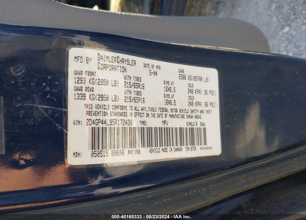 2005 DODGE GRAND CARAVAN SXT VIN: 2D4GP44L95R172436