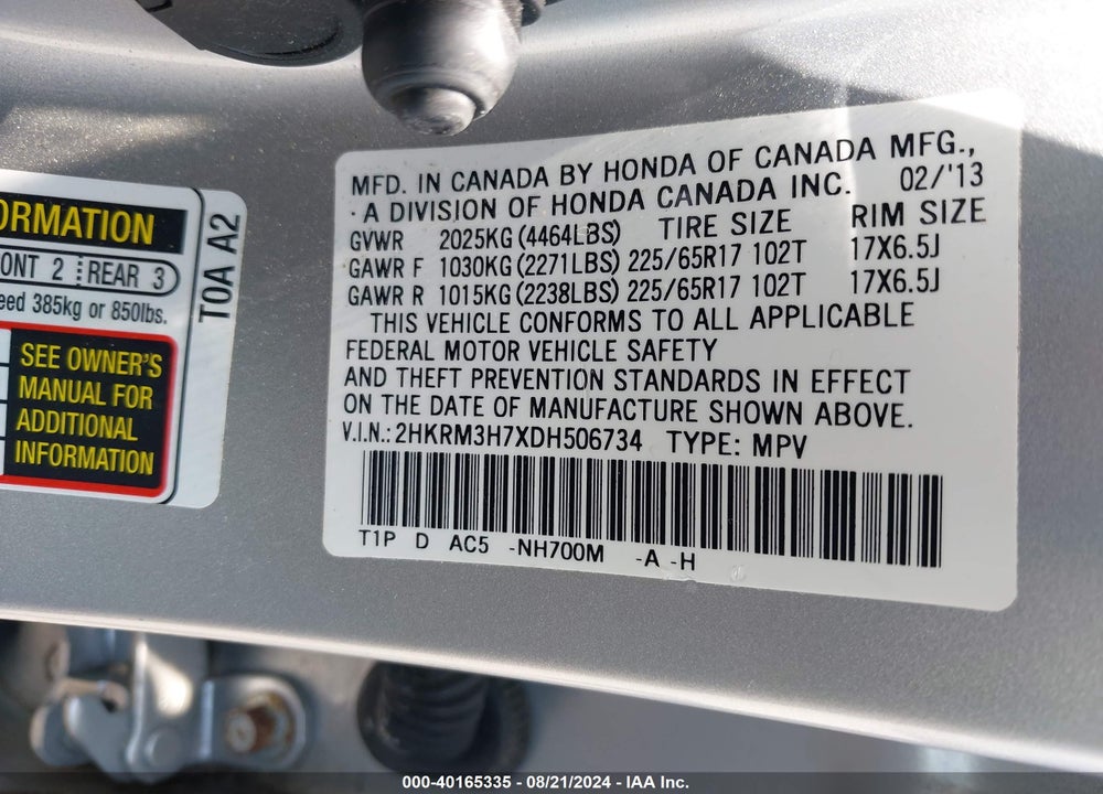 2013 HONDA CR-V EX-L VIN: 2HKRM3H7XDH506734