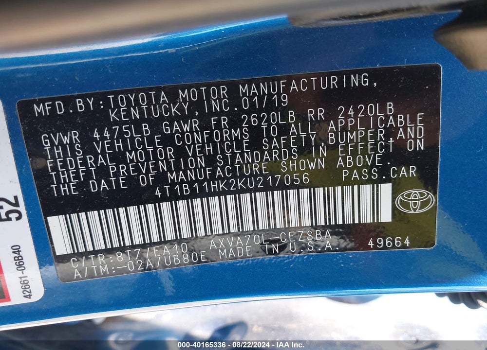 2019 TOYOTA CAMRY SE VIN: 4T1B11HK2KU217056
