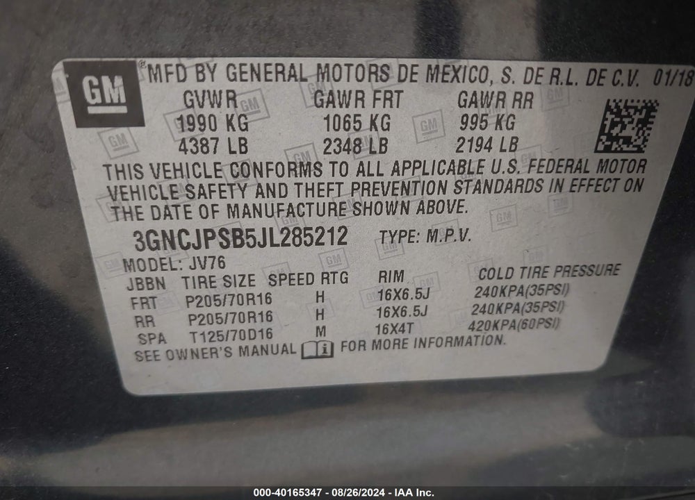2018 CHEVROLET TRAX LT VIN: 3GNCJPSB5JL285212
