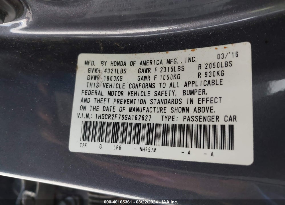 2016 HONDA ACCORD EX VIN: 1HGCR2F76GA162627