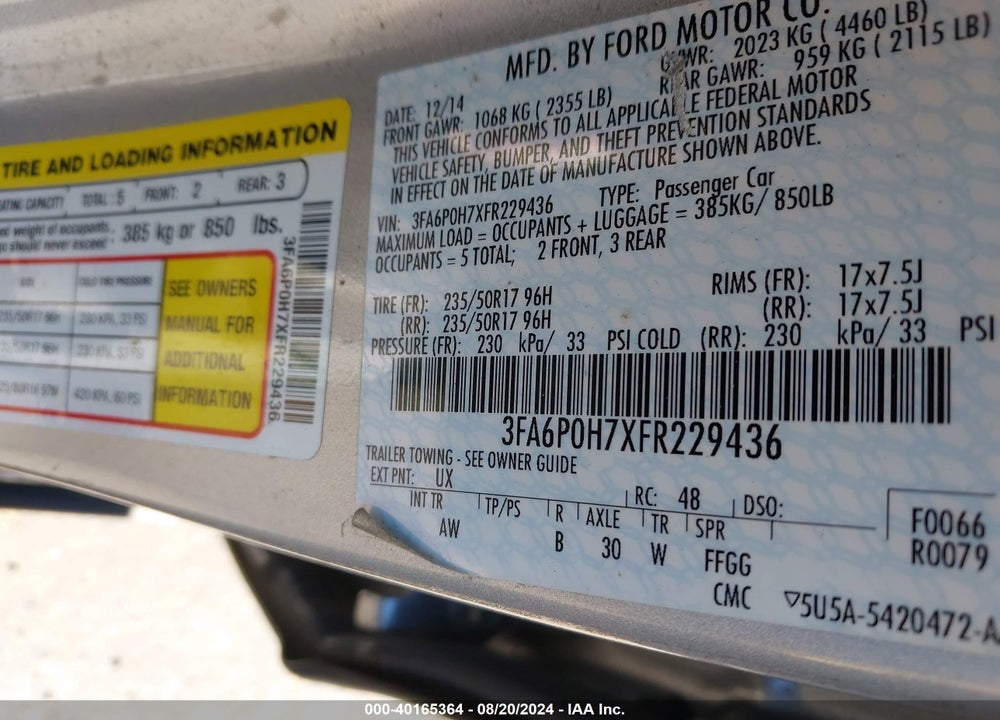 2015 FORD FUSION SE VIN: 3FA6P0H7XFR229436