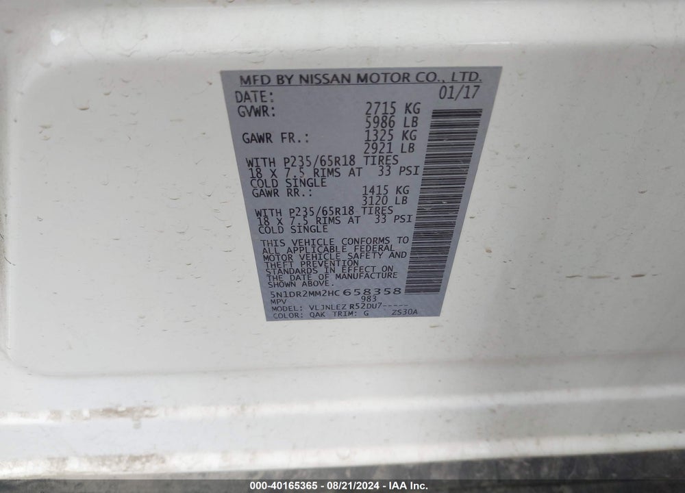 2017 NISSAN PATHFINDER SV VIN: 5N1DR2MM2HC658358