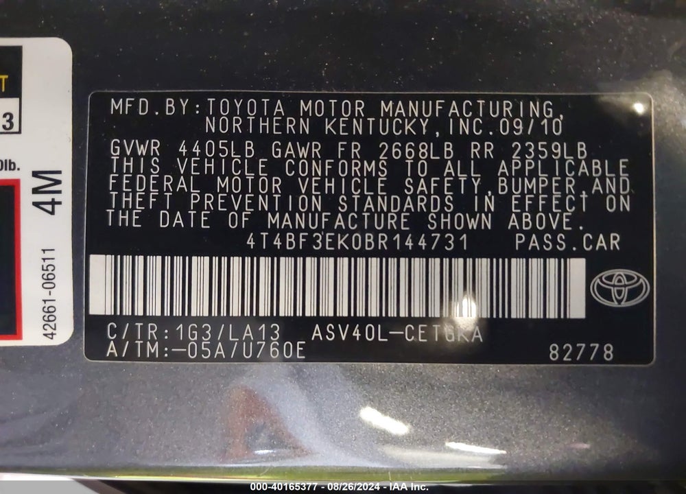 2011 TOYOTA CAMRY XLE VIN: 4T4BF3EK0BR144731