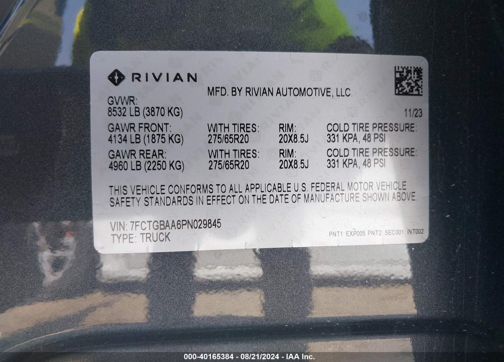 2023 RIVIAN R1T ADVENTURE/ADVENTURE DUAL MOTOR LARGE PACK/ADVENTURE DUAL MOTOR MAX PACK VIN: 7FCTGBAA6PN029845