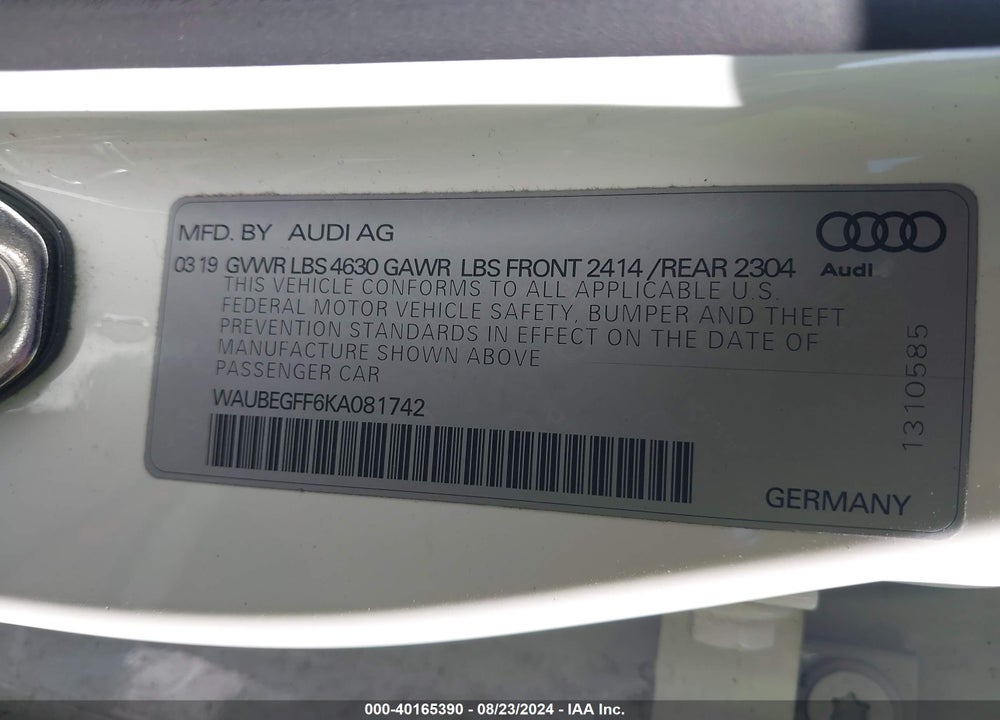2019 AUDI A3 45 PREMIUM VIN: WAUBEGFF6KA081742