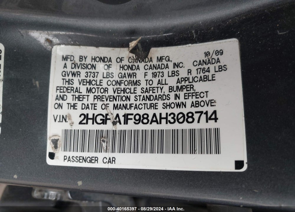 2010 HONDA CIVIC EX-L VIN: 2HGFA1F98AH308714