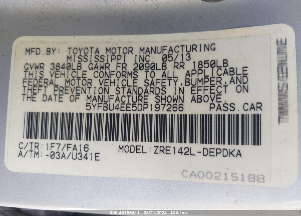 2013 TOYOTA COROLLA VIN: 5YFBU4EE5DP197266