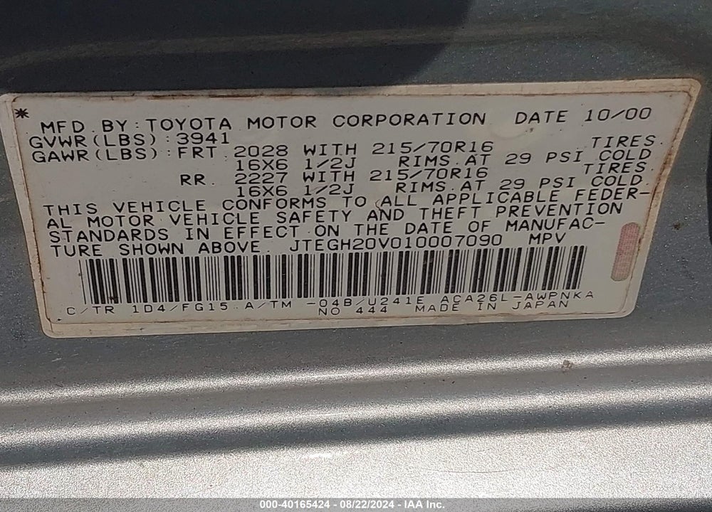 2001 TOYOTA RAV4 VIN: JTEGH20V010007090