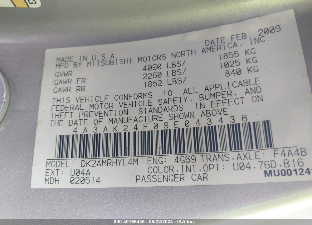 2009 MITSUBISHI ECLIPSE GS VIN: 4A3AK24F09E043436