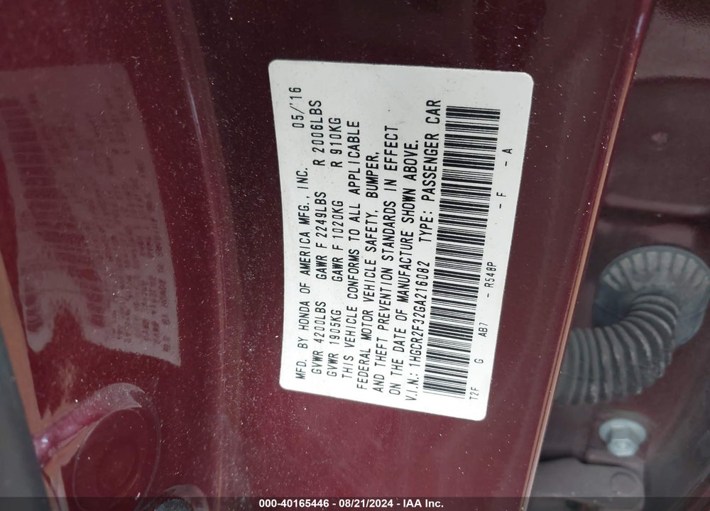 2016 HONDA ACCORD LX VIN: 1HGCR2F32GA216082