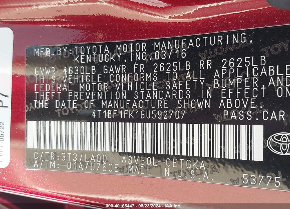 2016 TOYOTA CAMRY XLE VIN: 4T1BF1FK1GU592707