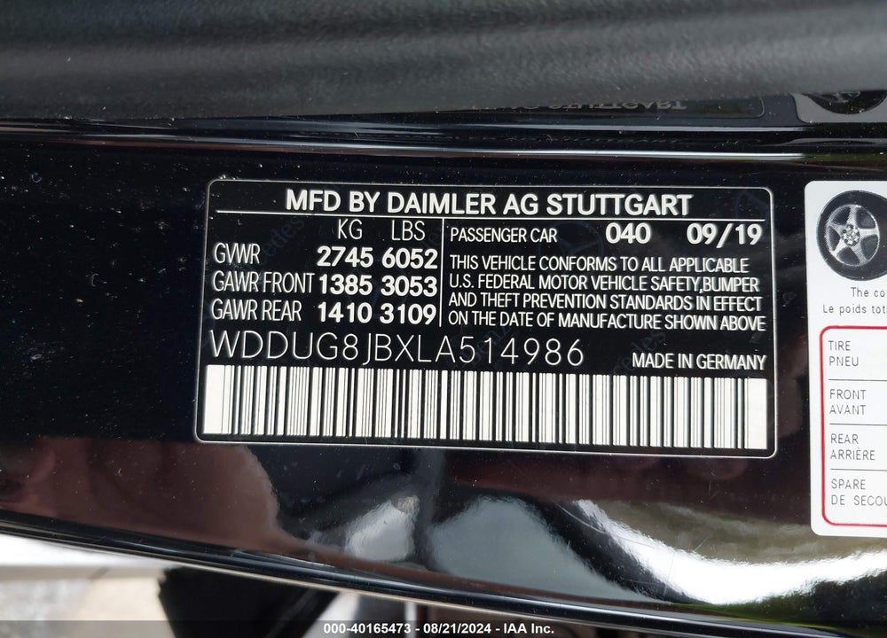 2020 MERCEDES-BENZ AMG S 63 4MATIC VIN: WDDUG8JBXLA514986