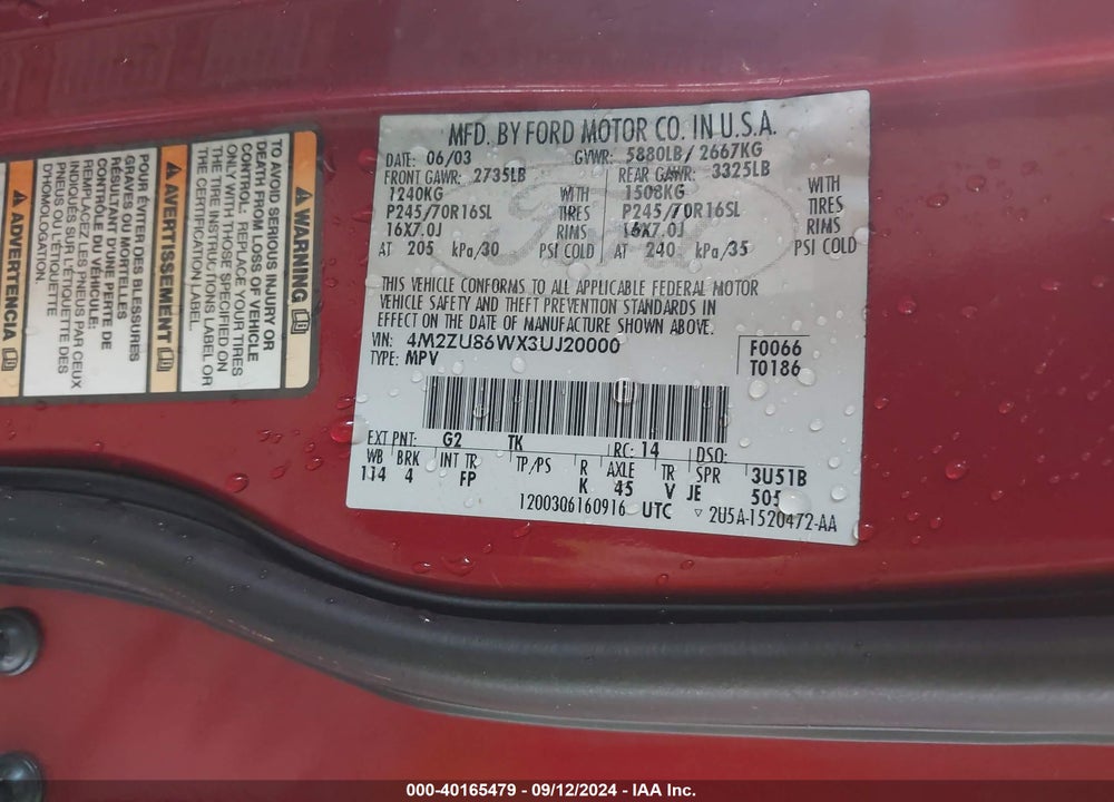 2003 MERCURY MOUNTAINEER VIN: 4M2ZU86WX3UJ20000