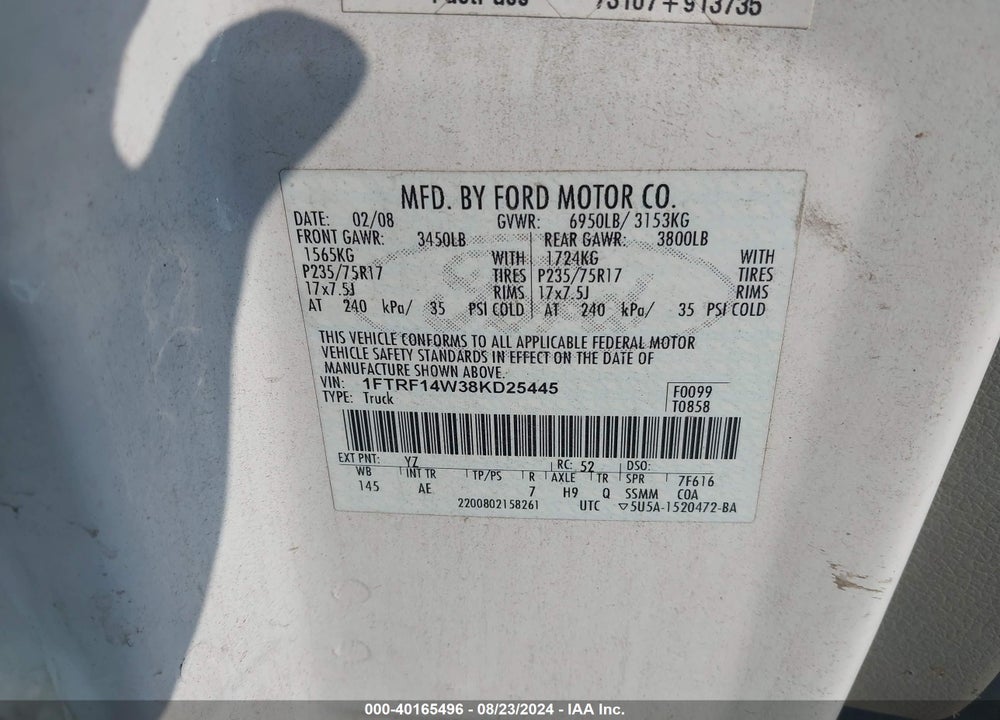 2008 FORD F-150 STX/XL/XLT VIN: 1FTRF14W38KD25445