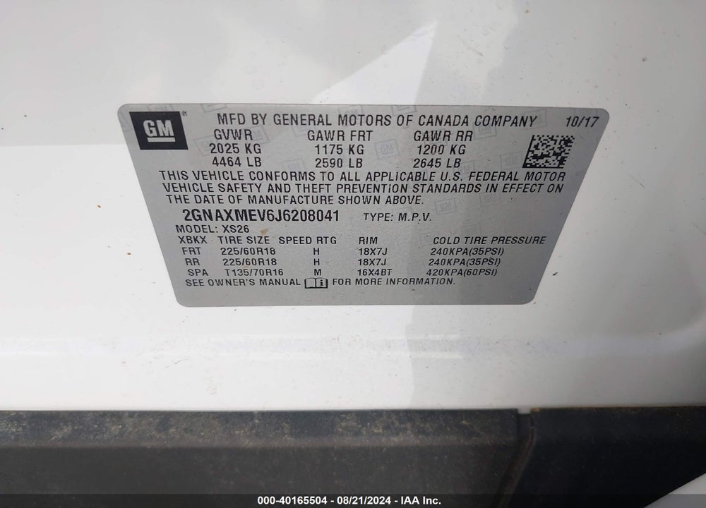 2018 CHEVROLET EQUINOX PREMIER VIN: 2GNAXMEV6J6208041