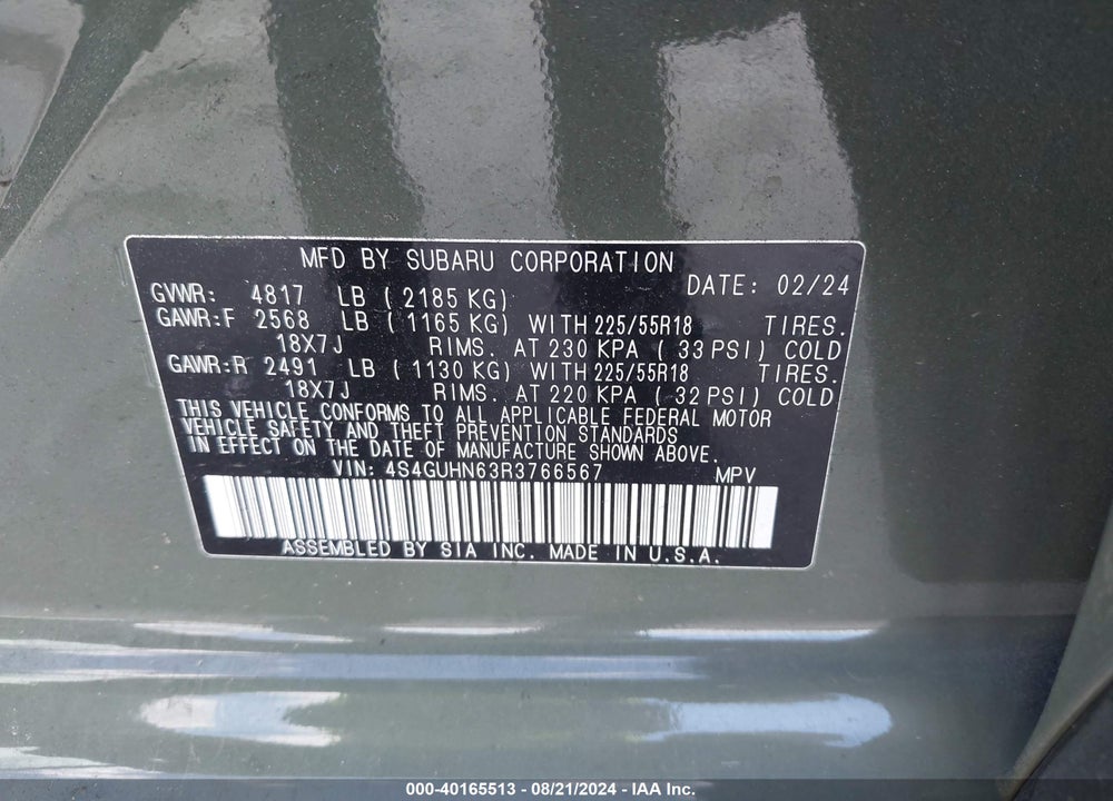 2024 SUBARU CROSSTREK LIMITED VIN: 4S4GUHN63R3766567