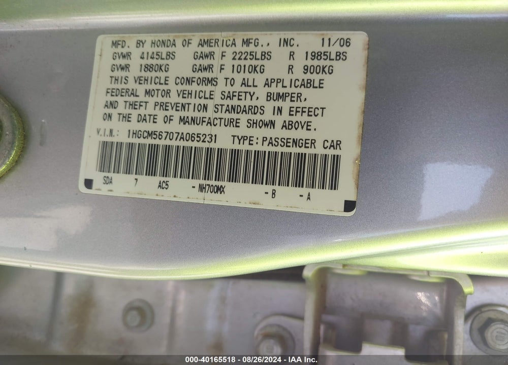 2007 HONDA ACCORD 2.4 EX VIN: 1HGCM56707A065231