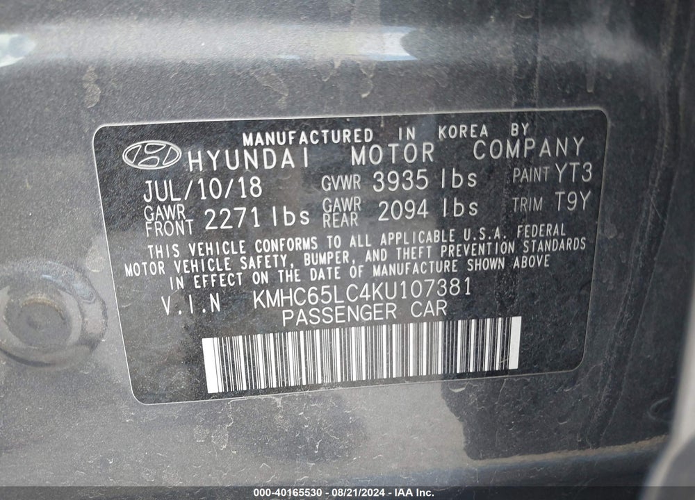 2019 HYUNDAI IONIQ HYBRID BLUE VIN: KMHC65LC4KU107381