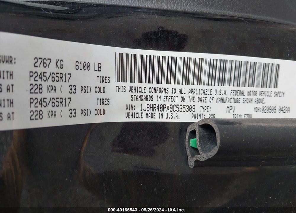 2009 JEEP GRAND CHEROKEE LAREDO VIN: 1J8HR48PX9C535309