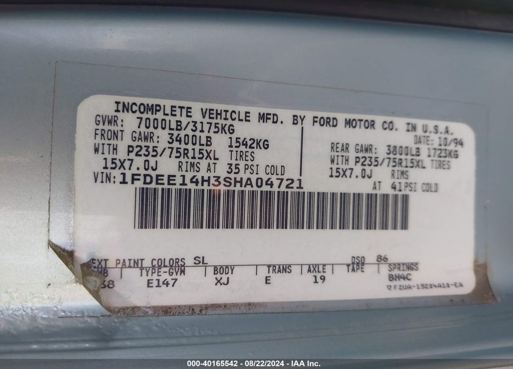 1995 FORD ECONOLINE E150 VAN VIN: 1FDEE14H3SHA04721