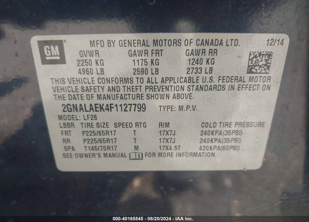 2015 CHEVROLET EQUINOX LS VIN: 2GNALAEK4F1127799
