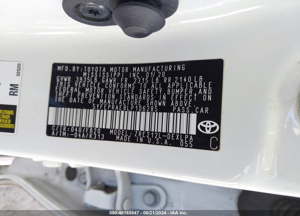 2020 TOYOTA COROLLA LE VIN: 5YFEPRAE8LP106285