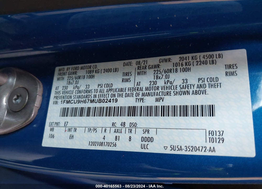 2021 FORD ESCAPE SEL VIN: 1FMCU9H67MUB02419