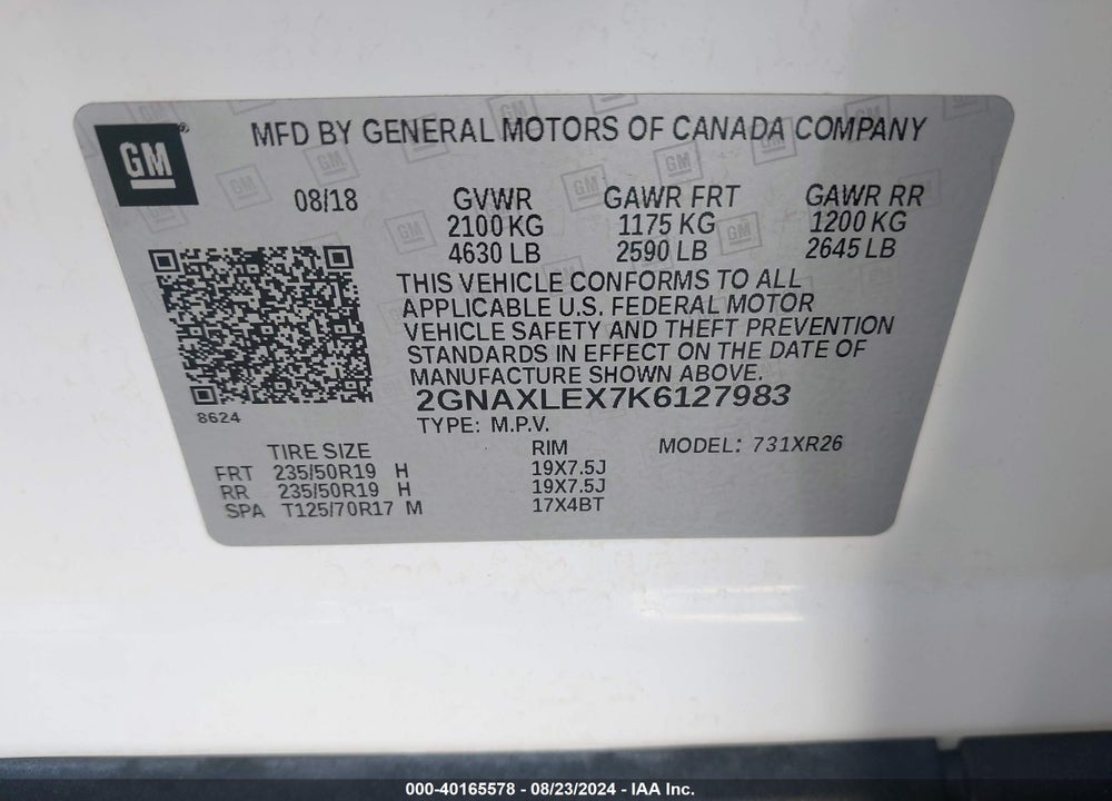2019 CHEVROLET EQUINOX LT VIN: 2GNAXLEX7K6127983