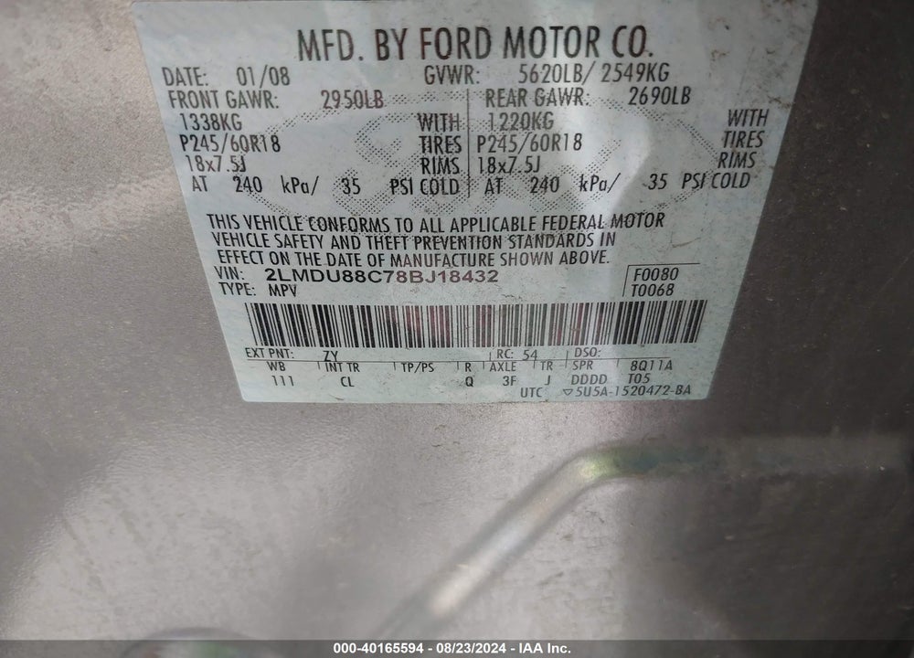 2008 LINCOLN MKX VIN: 2LMDU88C78BJ18432