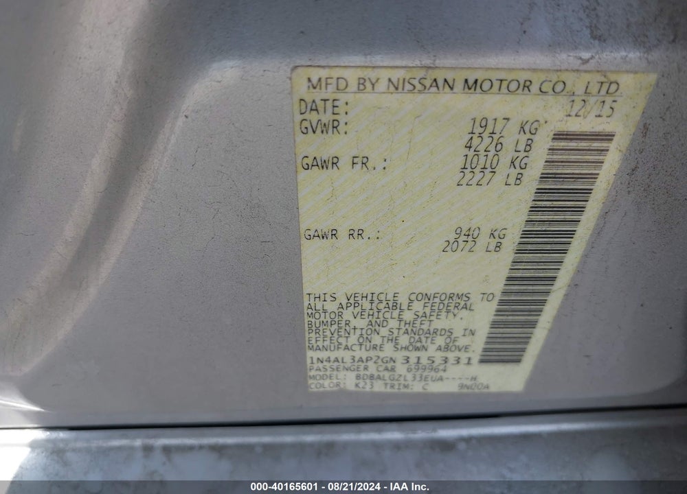 2016 NISSAN ALTIMA VIN: 1N4AL3AP2GN315331