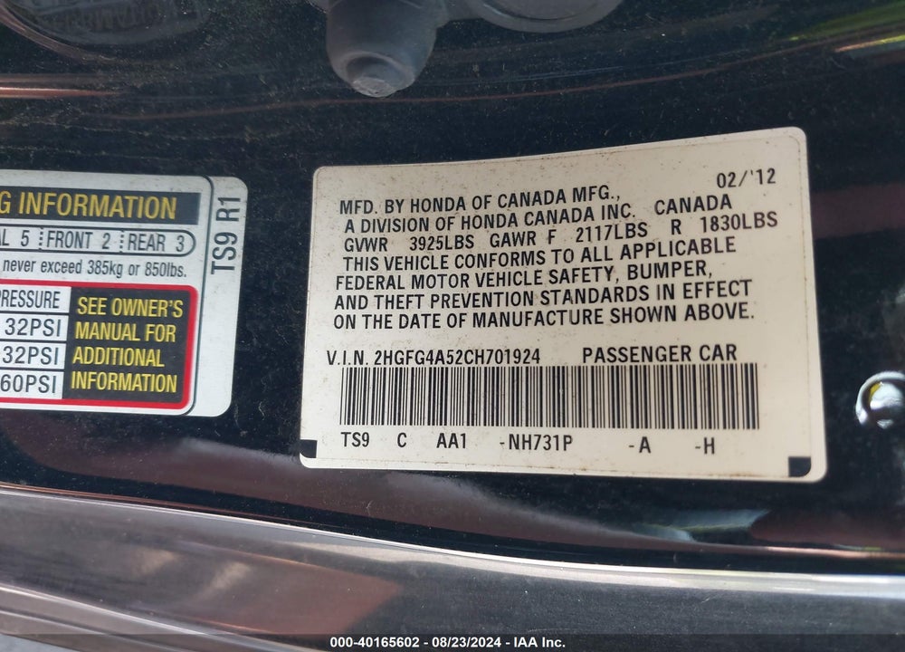 2012 HONDA CIVIC SI VIN: 2HGFG4A52CH701924