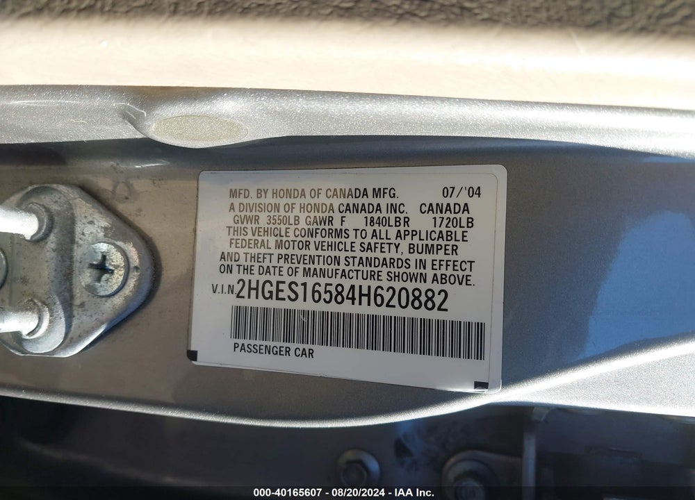2004 HONDA CIVIC LX VIN: 2HGES16584H620882
