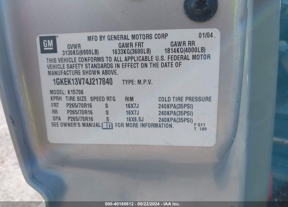 2004 GMC YUKON SLE VIN: 1GKEK13V74J217840