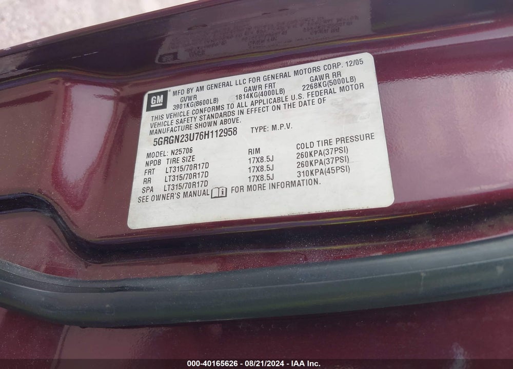 2006 HUMMER H2 SUV VIN: 5GRGN23U76H112958