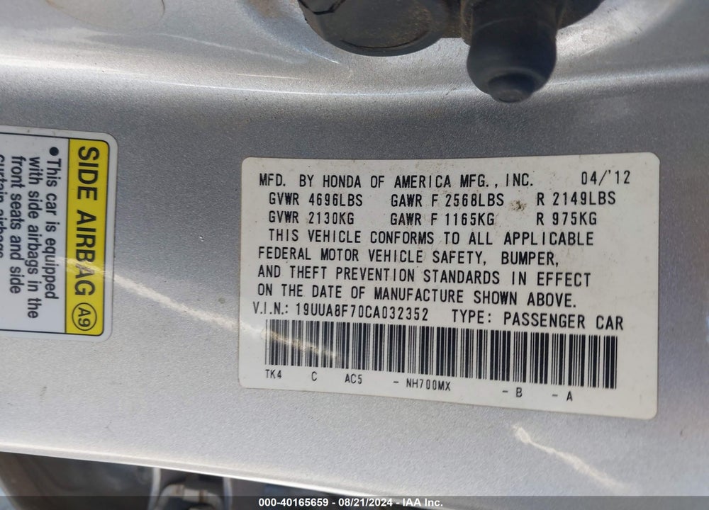 2012 ACURA TL 3.5 VIN: 19UUA8F70CA032352