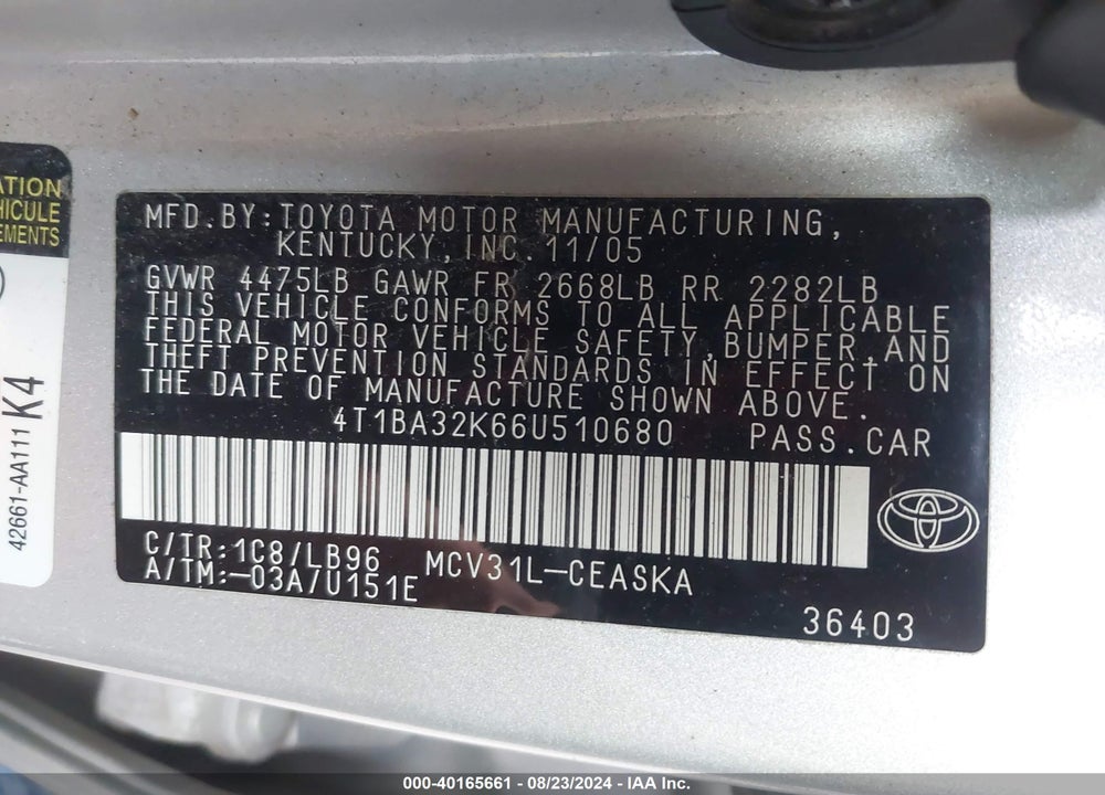 2006 TOYOTA CAMRY SE V6 VIN: 4T1BA32K66U510680