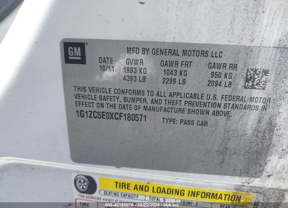 2012 CHEVROLET MALIBU 1LT VIN: 1G1ZC5E0XCF180571