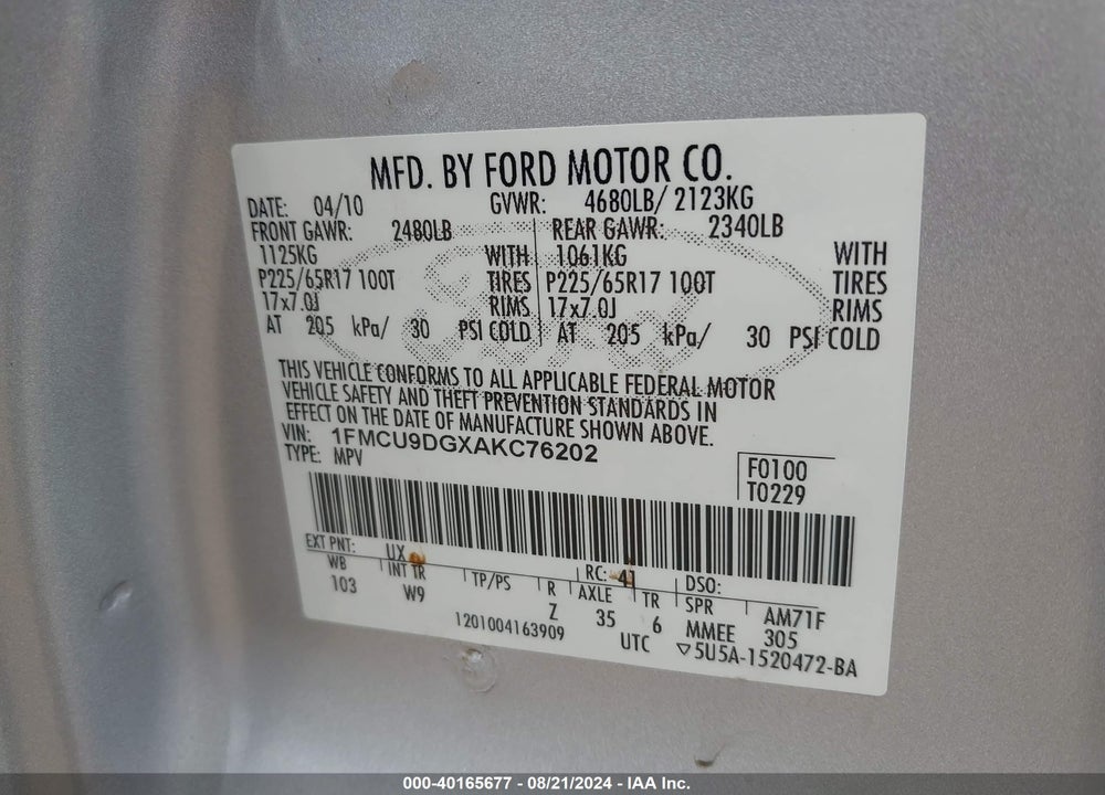 2010 FORD ESCAPE XLT VIN: 1FMCU9DGXAKC76202