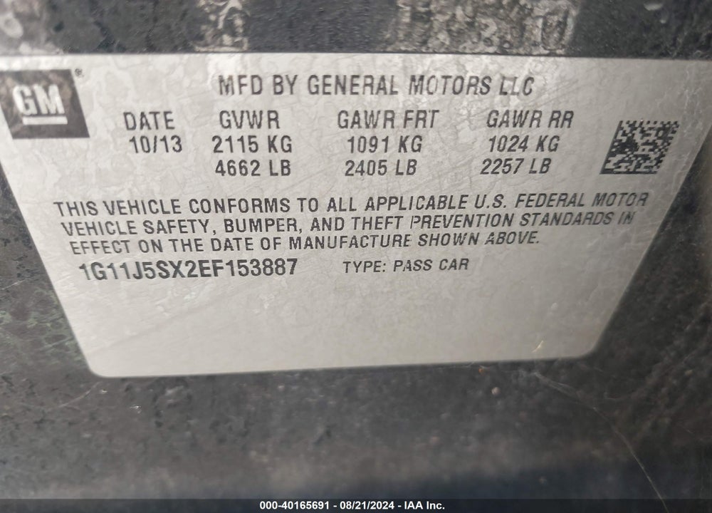 2014 CHEVROLET MALIBU 2LZ VIN: 1G11J5SX2EF153887