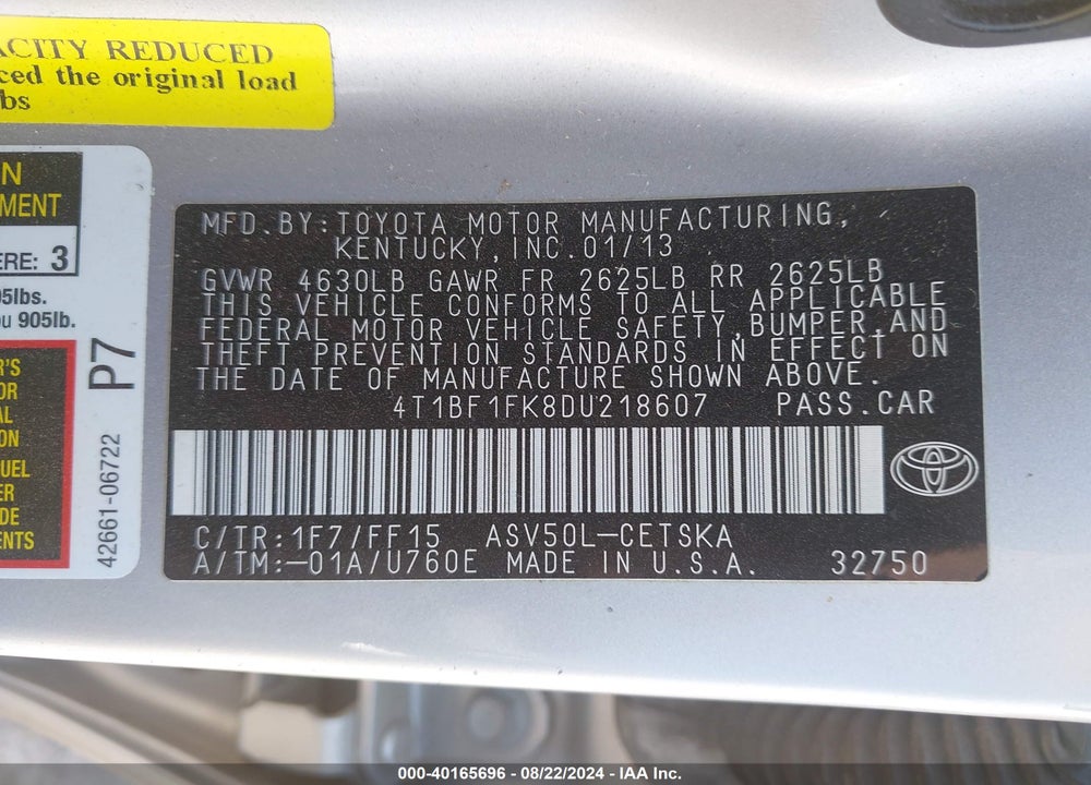 2013 TOYOTA CAMRY SE VIN: 4T1BF1FK8DU218607