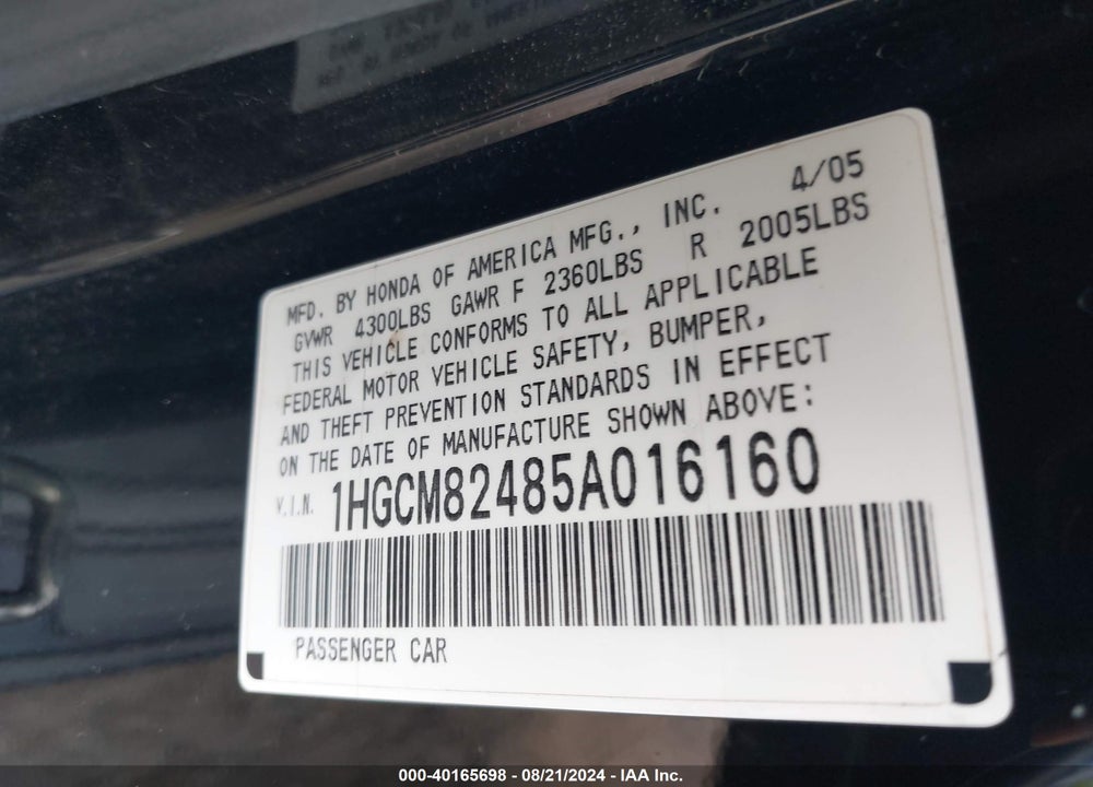 2005 HONDA ACCORD 3.0 LX SPECIAL EDITION VIN: 1HGCM82485A016160