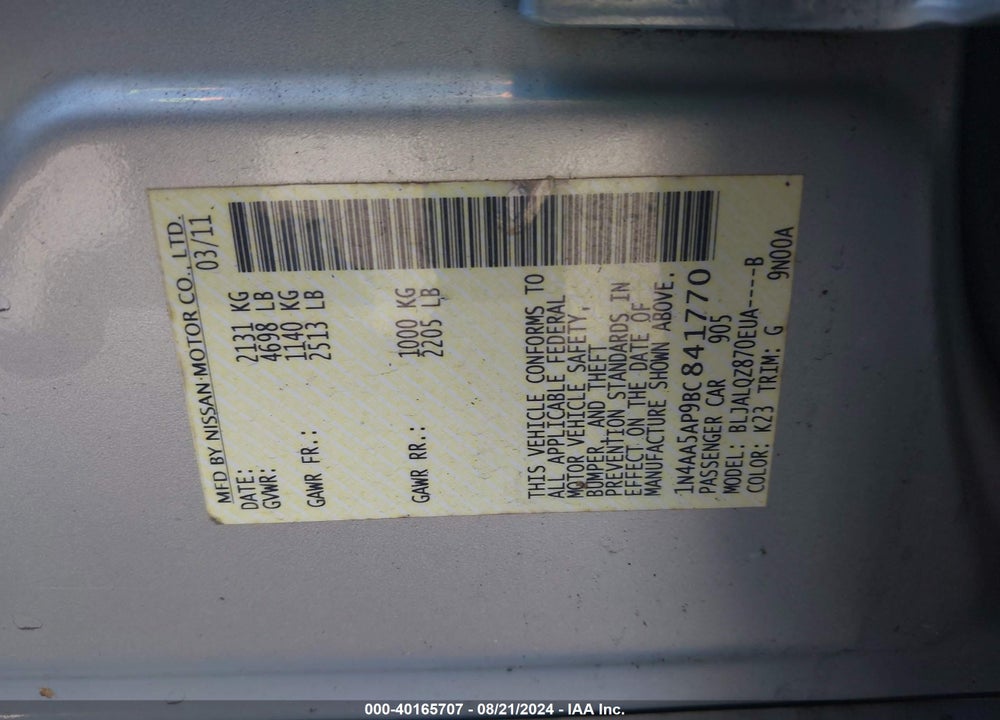 2011 NISSAN MAXIMA VIN: 1N4AA5AP9BC841770