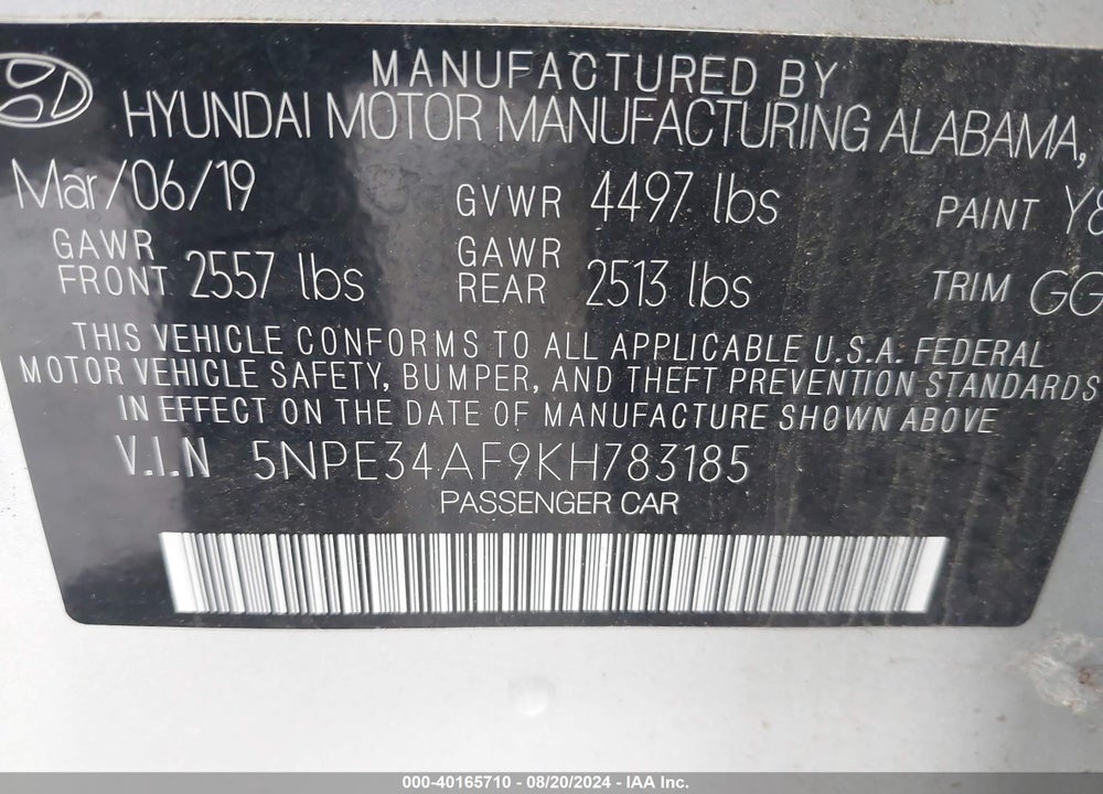 2019 HYUNDAI SONATA VIN: 5NPE34AF9KH783185