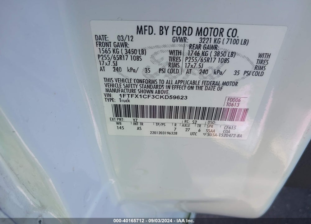 2012 FORD F-150 XL VIN: 1FTFX1CF3CKD59623