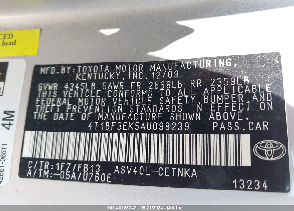 2010 TOYOTA CAMRY LE VIN: 4T1BF3EK5AU098239