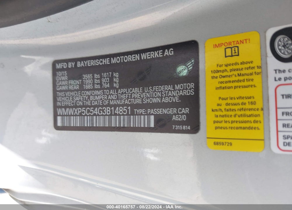 2016 MINI HARDTOP COOPER VIN: WMWXP5C54G3B14851