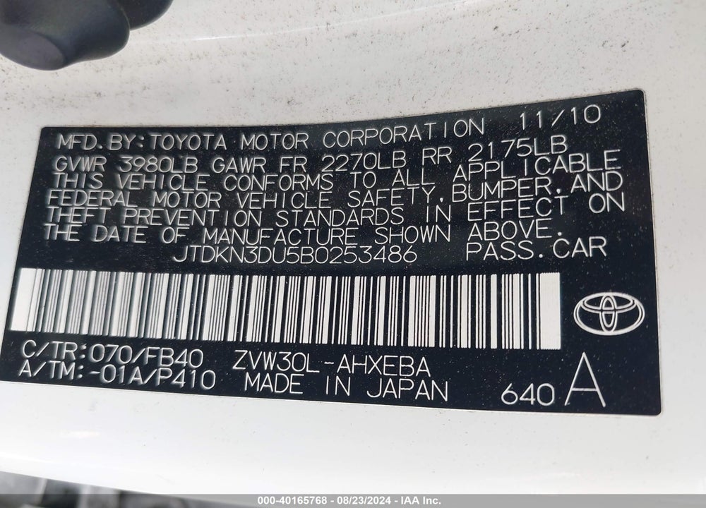2011 TOYOTA PRIUS TWO VIN: JTDKN3DU5B0253486