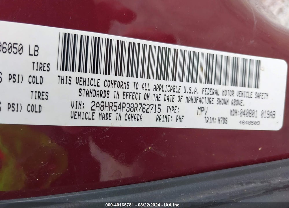 2008 CHRYSLER TOWN & COUNTRY TOURING VIN: 2A8HR54P38R762715